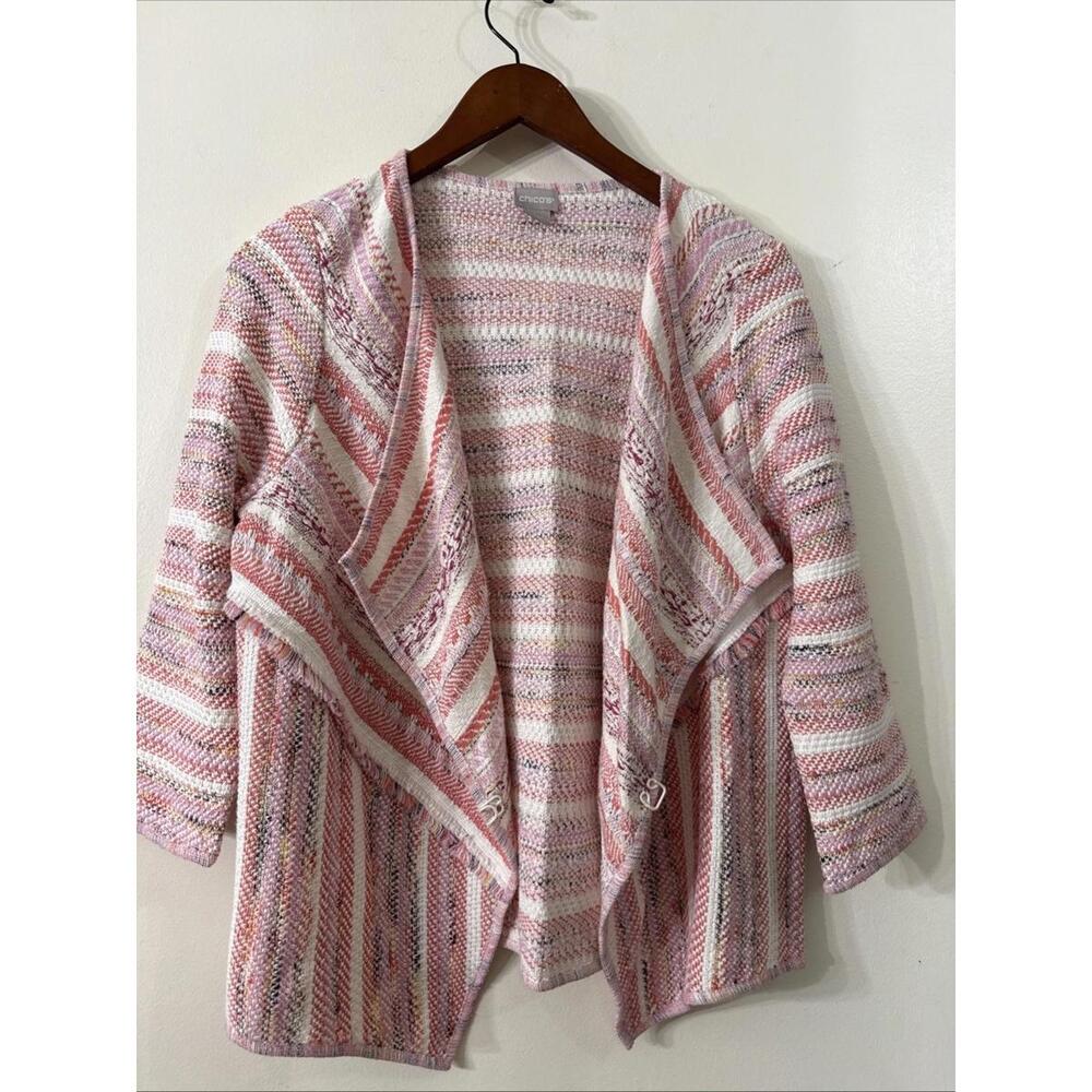 NWT Chicos Sz 1 M Pink Southwestern Stripe Cardigan Drape Front Tweed 3/4 Sleeve